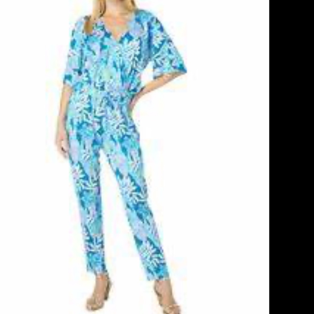 Lilly Pulitzer Blue and White Jumpsuit with V-Neck and Tapered Legs